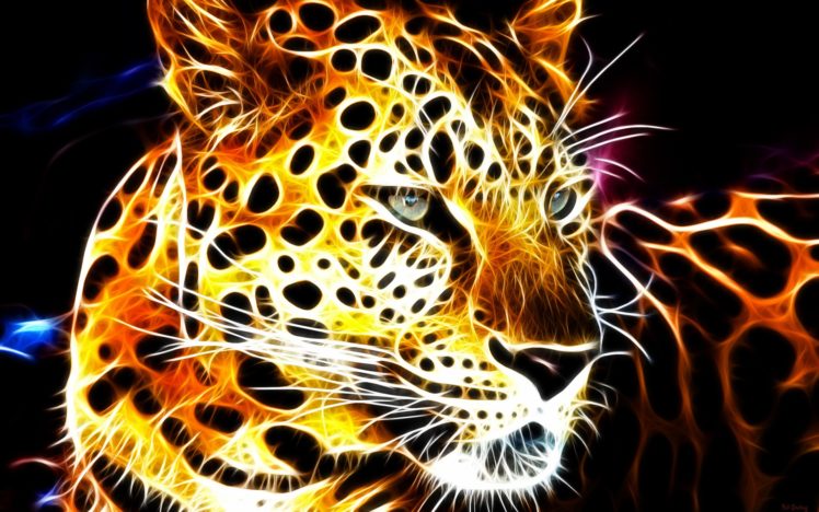 animals, Fractals, Fractalius, Shining, Glowing, Leopards, Black, Background, Fractal HD Wallpaper Desktop Background