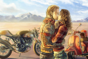 mood, Kiss, Love, Motorbike, Bike, Art, Painting