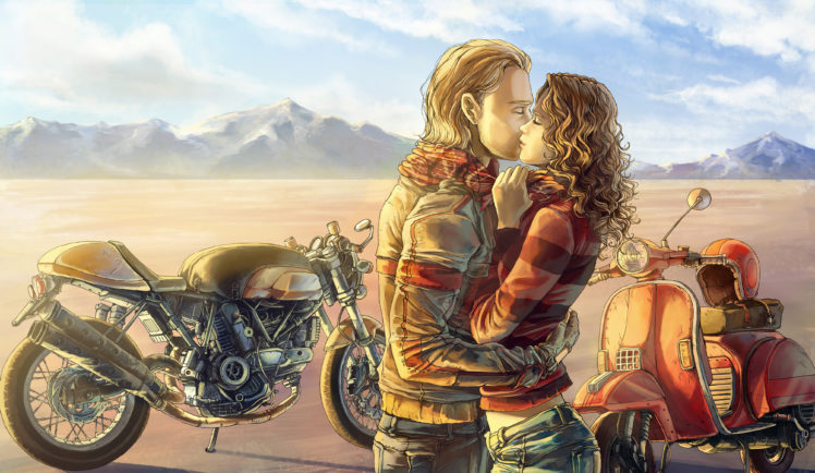 mood, Kiss, Love, Motorbike, Bike, Art, Painting HD Wallpaper Desktop Background