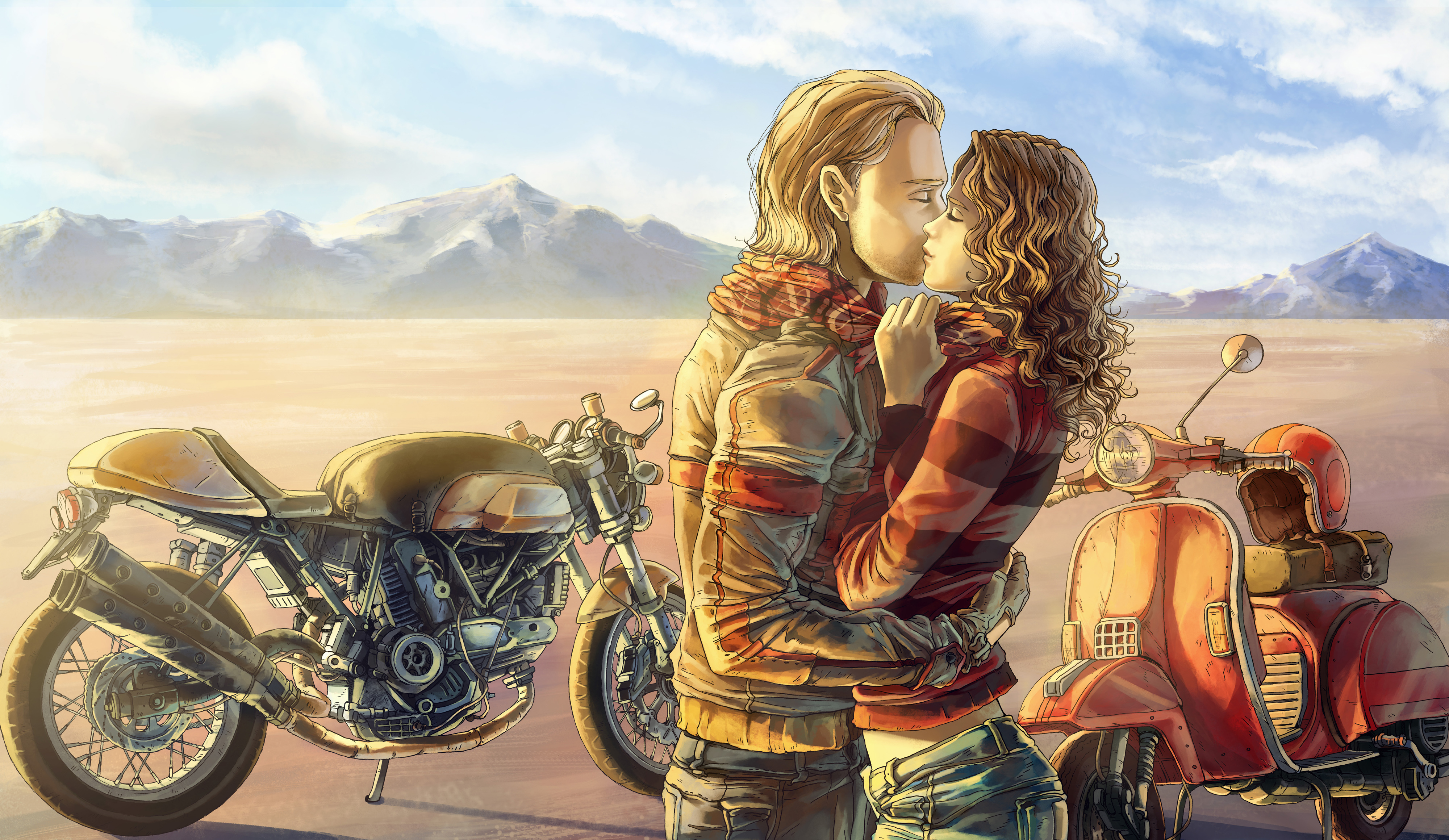 mood, Kiss, Love, Motorbike, Bike, Art, Painting Wallpaper