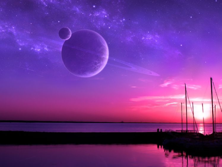 sunset, Stars, Planets, Photo, Manipulation, Sea HD Wallpaper Desktop Background