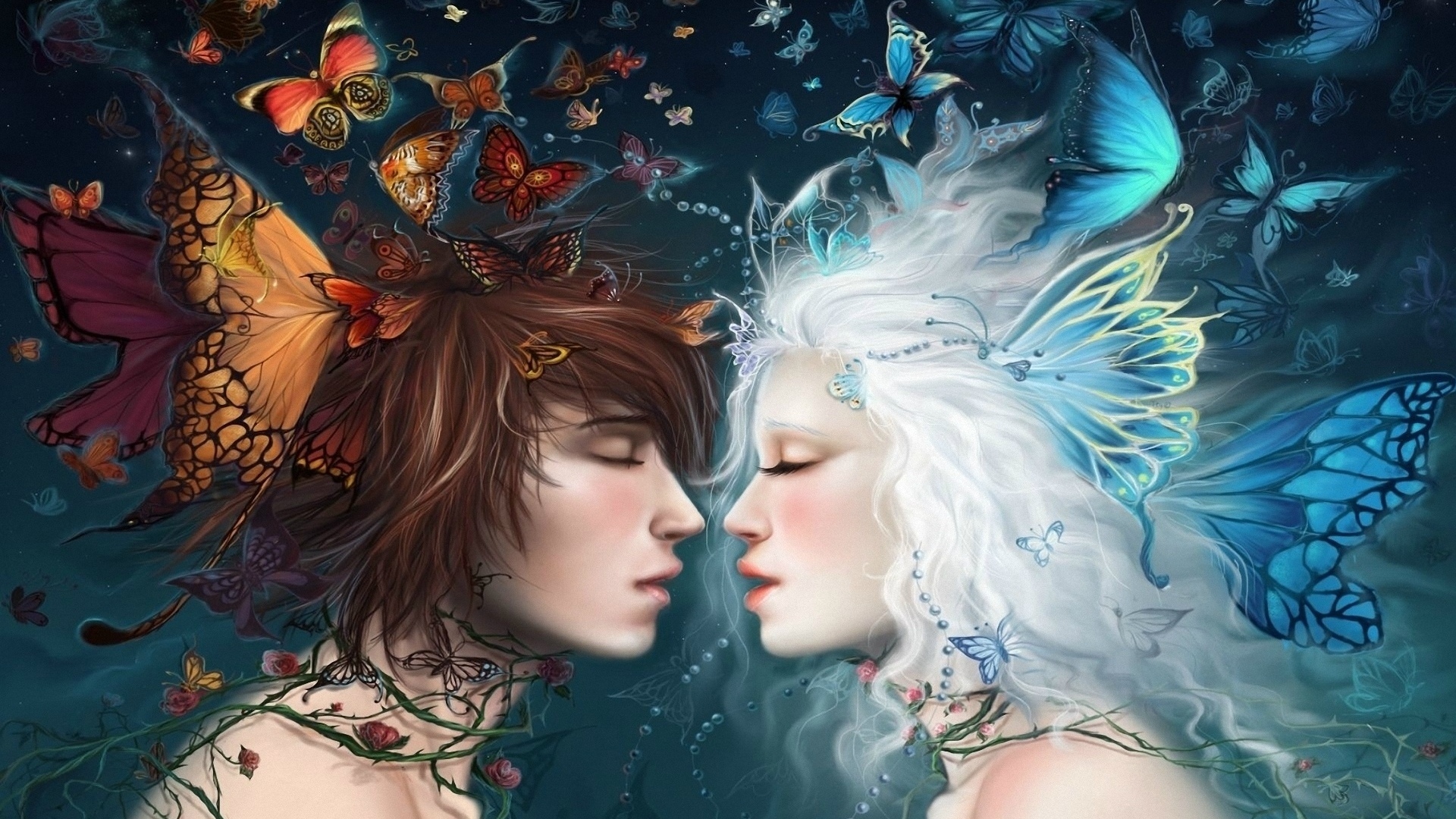 fantasy, Fairy, Gods, Love, Romance, Mood, Emotions, Kiss, Women, Females, Girls, Men, Males, Elf, Elves, Artistic, Paintings, Butterflies, Insects, Wings, Colors Wallpaper