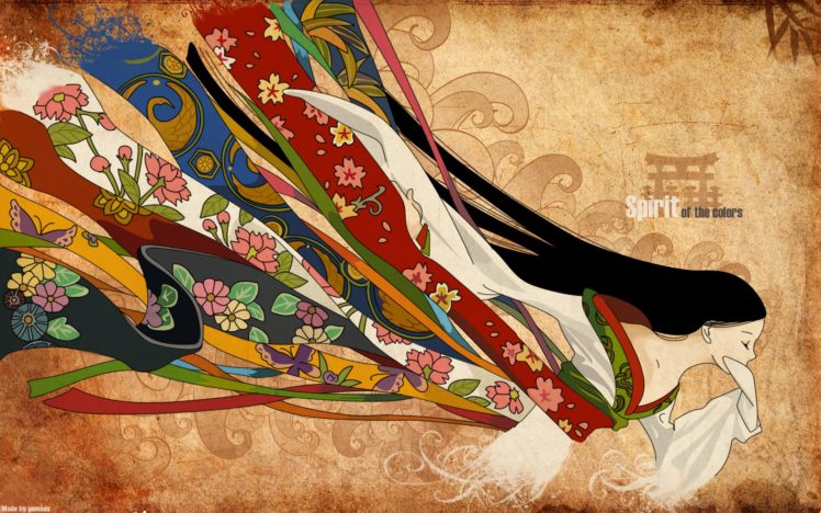 brunettes, Abstract, Multicolor, Long, Hair, Kimono, Closed, Eyes, Japanese, Clothes HD Wallpaper Desktop Background
