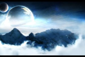 mountains, Clouds, Planets, Moon, Skies