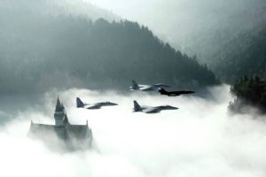 mountains, Clouds, Castles, Forests, Mist, Jet, Aircraft