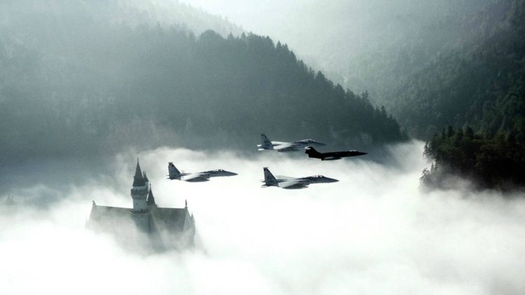 mountains, Clouds, Castles, Forests, Mist, Jet, Aircraft HD Wallpaper Desktop Background