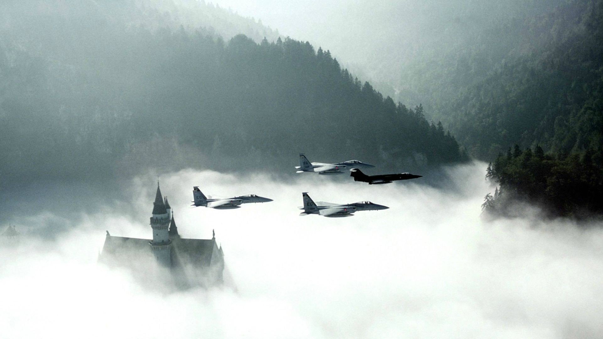 mountains, Clouds, Castles, Forests, Mist, Jet, Aircraft Wallpaper