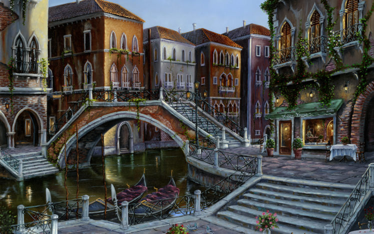 robert, Finale, Venician, Venice, Italy, Art, Detail, Palce, Architecture, Cities, Buildings, Bridges, Sidewalk, Stairs, Rivers, Canal, Water, Way, Colors, Painting, Scenic HD Wallpaper Desktop Background