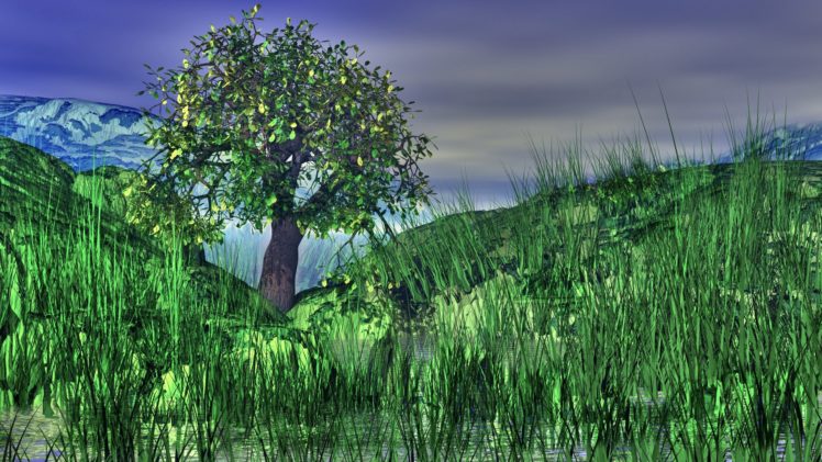 mountains, Nature, Grass, Digital, Art, Artwork, Drawings, Lone, Tree HD Wallpaper Desktop Background