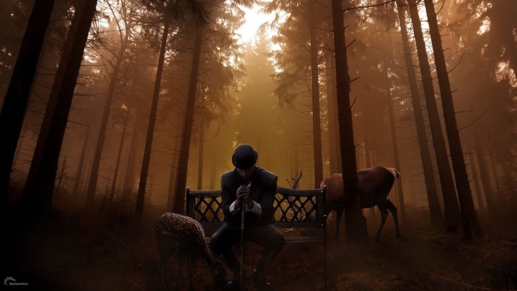 trees, Forests, Deer, Escape, Digital, Art, Lothlorien, Lone, Man HD Wallpaper Desktop Background
