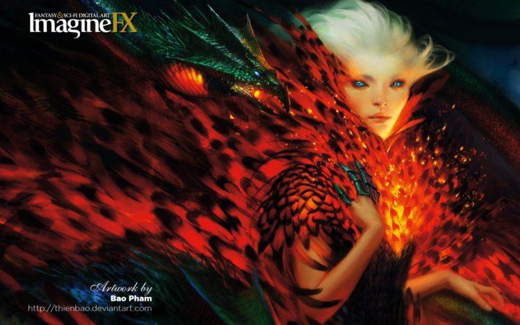 women, Blue, Eyes, Feathers, Creatures, Scales, Artwork, White, Hair, Imagine, Fx HD Wallpaper Desktop Background