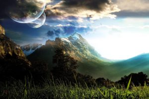 mountains, Outer, Space, Trees, Planets