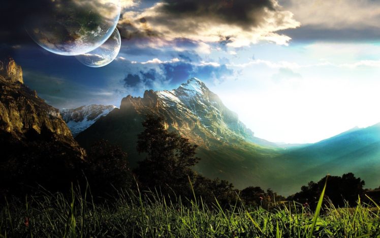 mountains, Outer, Space, Trees, Planets HD Wallpaper Desktop Background