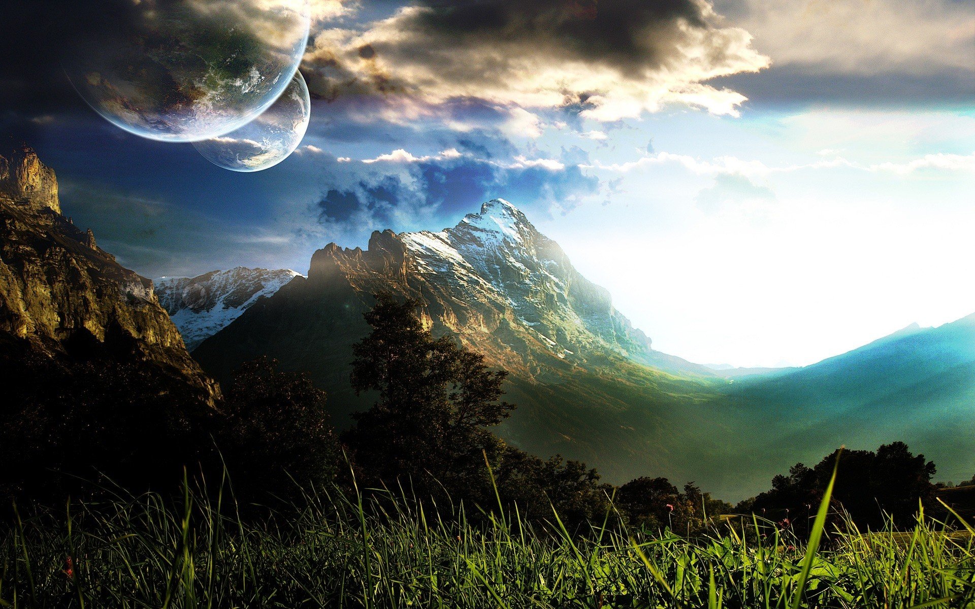 mountains, Outer, Space, Trees, Planets Wallpaper