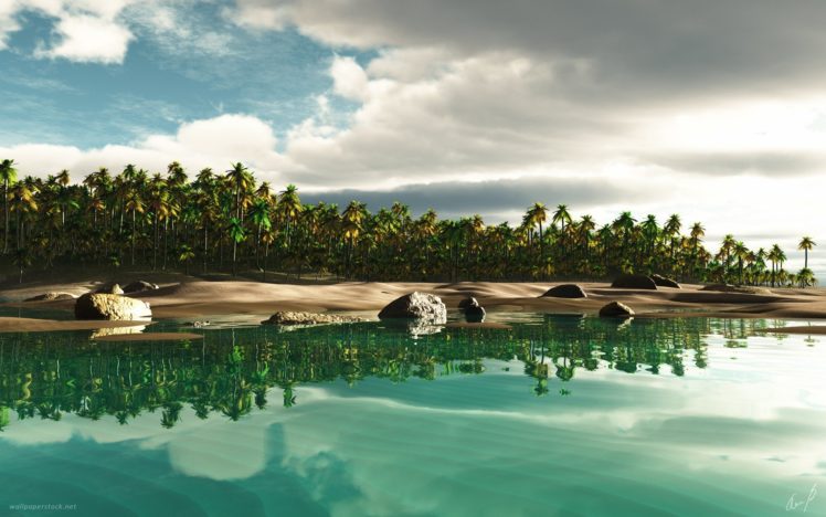 landscapes, Tropical, Islands, Digital, Art, Reflections, Beaches HD Wallpaper Desktop Background