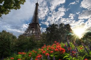 eiffel, Tower, Paris, Nature, Trees, Flowers, France, Sunlight, Cities, Skies