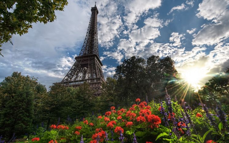 eiffel, Tower, Paris, Nature, Trees, Flowers, France, Sunlight, Cities, Skies HD Wallpaper Desktop Background