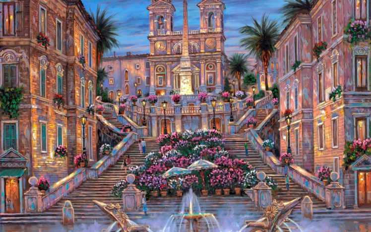 robert, Finale, Rome, Spanish, Steps, Paintings, Detail, Place, Italy, Flowers, Architecture, Buildings, Cathedral, Church, Color, Art, Artistic, Sky, Clouds, Stairs, Window, Statue, Trees, Fountain, Water HD Wallpaper Desktop Background