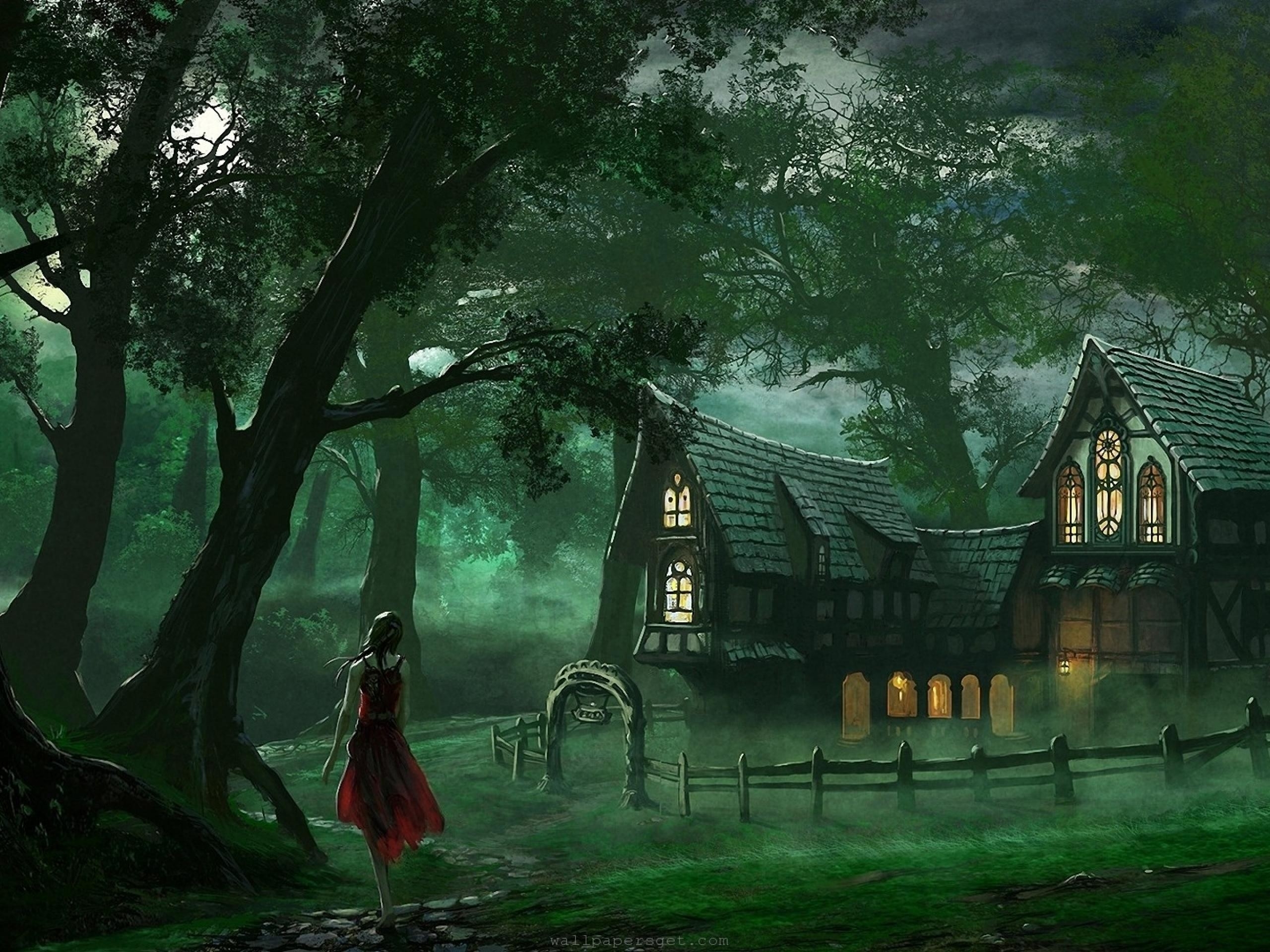 art, Artistic, Paintings, Fantasy, Mood, Trees, Forest, Nature, Women, Females, Girls, Architecture, Buildings, Cottage, Window, Lights, Houses, Landscapes, Leave Wallpaper
