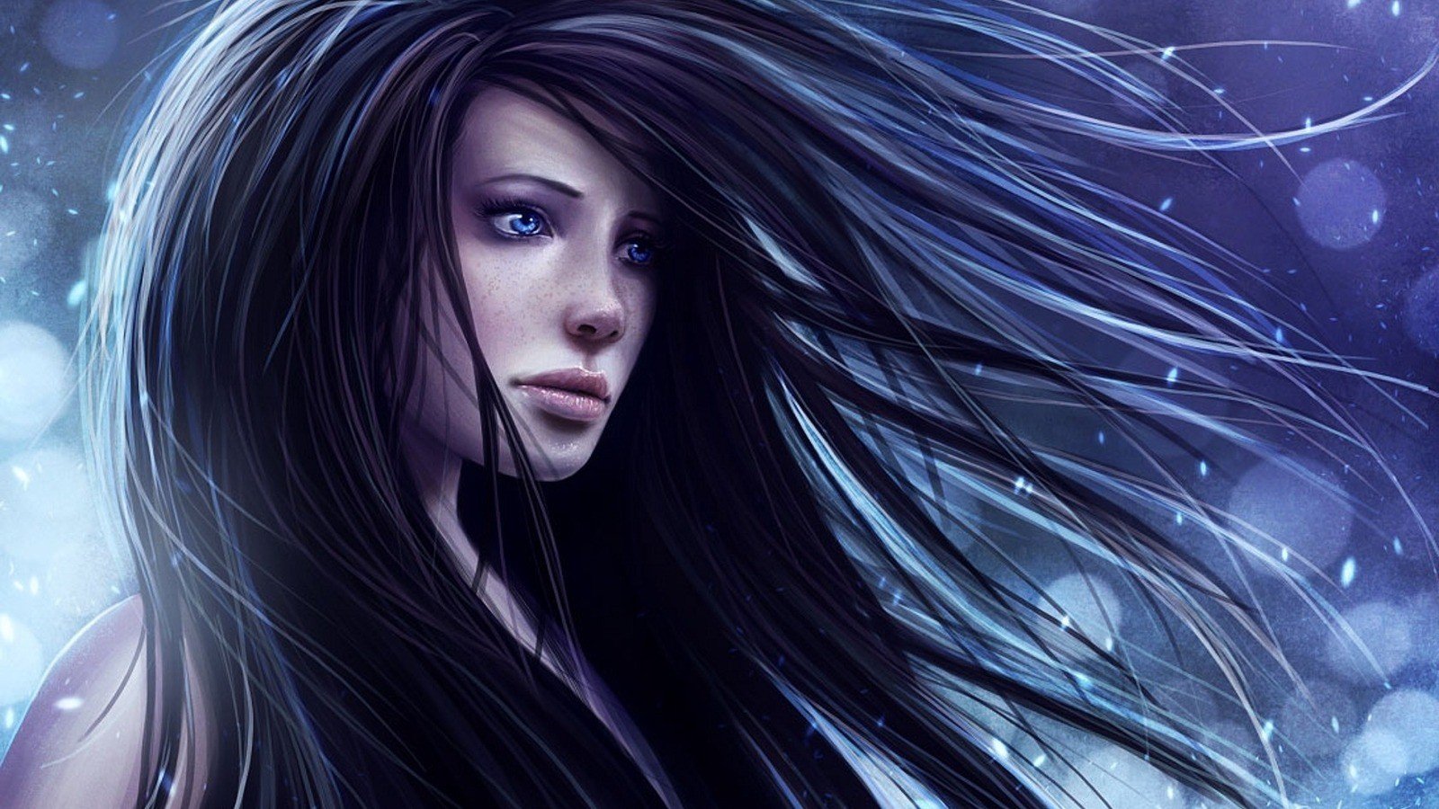 brunettes, Abstract, Blue, Eyes, Long, Hair, Freckles Wallpaper