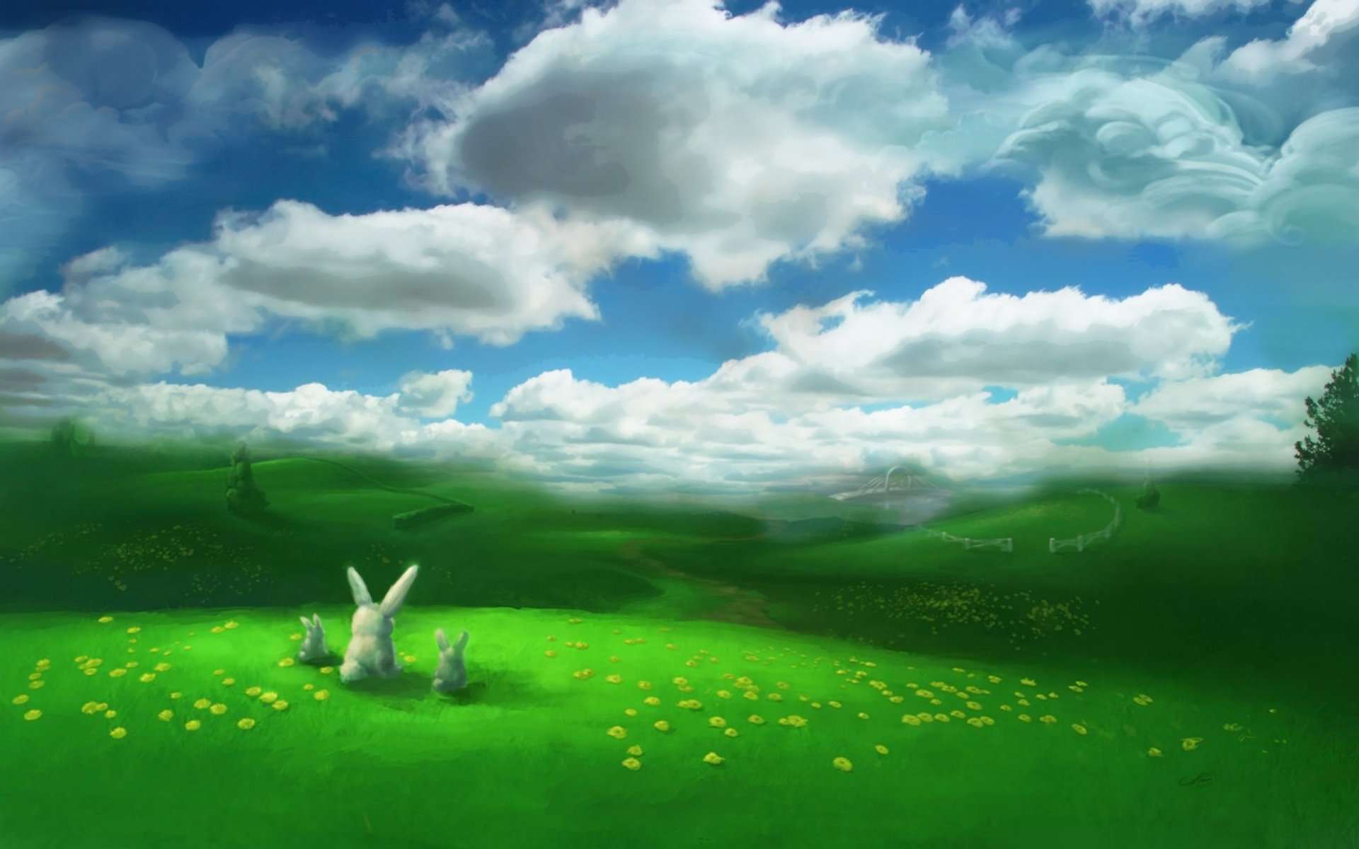 bunnies, Landscapes, Fields, Artwork Wallpaper