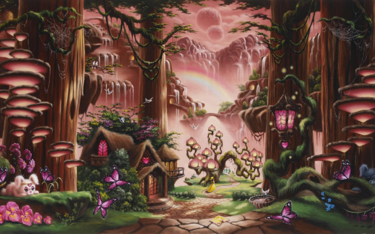 fantasy, Fairy, Tale, Art, Magic, Cartoon, Trees, Forest, Cute, Kids, Children, Scenic, Waterfall, Nature, Mountains, Soft, Mood, Architecture, Buildings, Houses, Cabin, Path, Trail, Animals, Cute, Sky, Moon HD Wallpaper Desktop Background