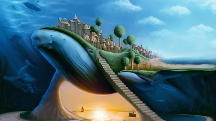 animals, Whales, Surreal, Dream, Fantasy, Whale, Cities, Travel, Ocean, Sea, Architecture, Buildings HD Wallpaper Desktop Background