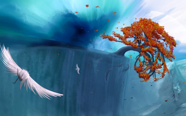 fantasy, Art, Surreal, Animals, Birds, Fishes, Ocean, Sea, Trees, Autumn, Fall, Leaves HD Wallpaper Desktop Background
