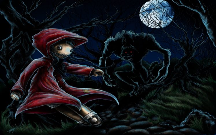 dark, Wolf, Wolves, Animals, Trees, Forest, Red, Riding, Hood, Monster, Creature, Halloween HD Wallpaper Desktop Background