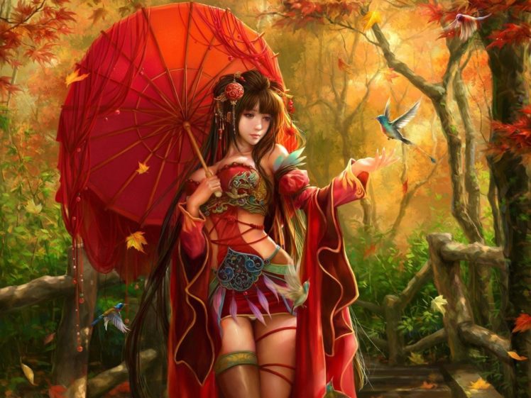 fantasy, Women, Asian, Oriental, Umbrella, Birds, Trees, Forest HD Wallpaper Desktop Background