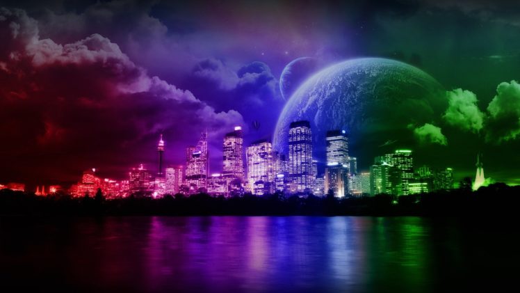 water, Clouds, Outer, Space, Multicolor, Planets, Rainbows, Science, Fiction, Cities HD Wallpaper Desktop Background