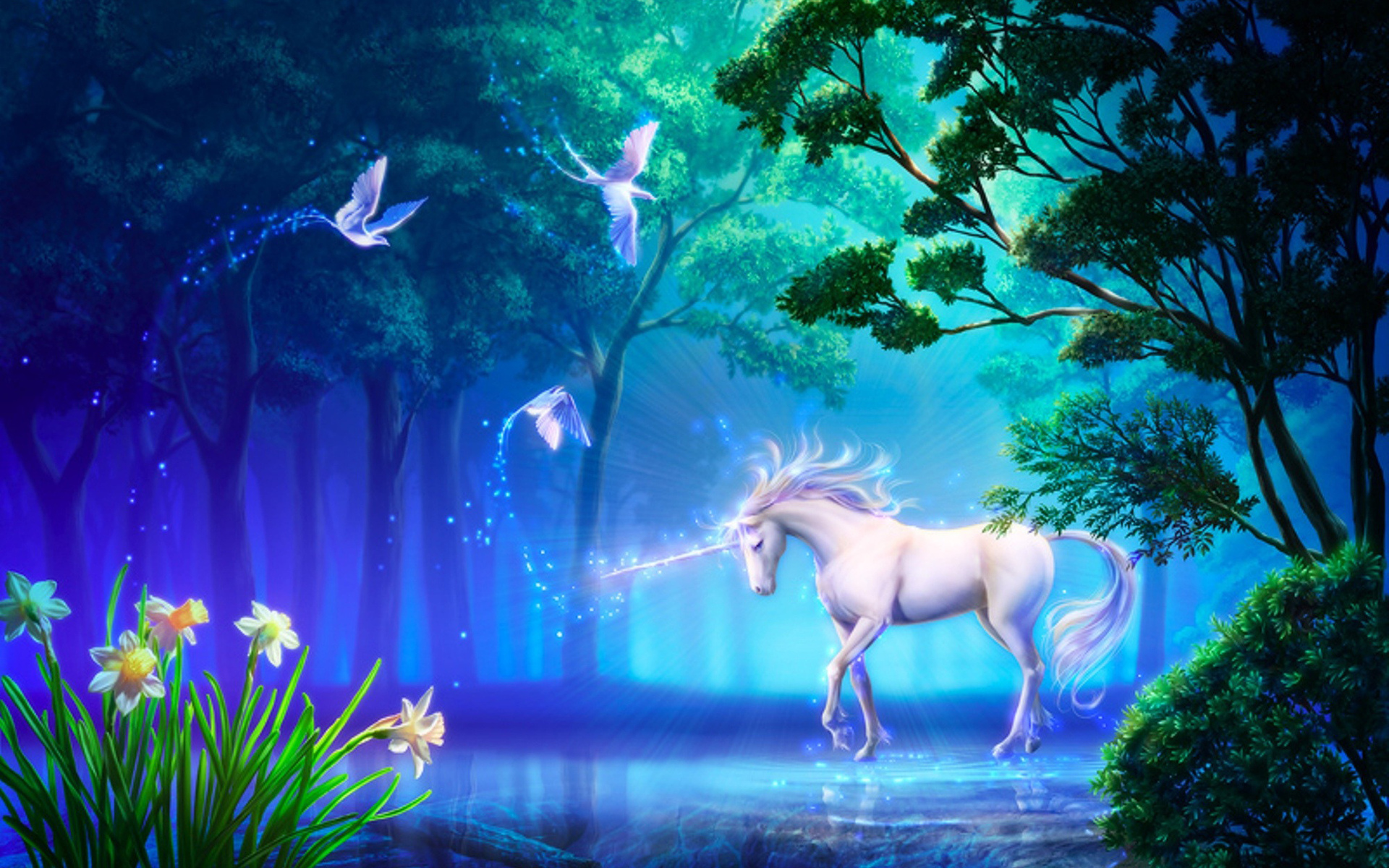 fantasy, Unicorn, Horse, Tree, Magic, Art, Flower Wallpaper