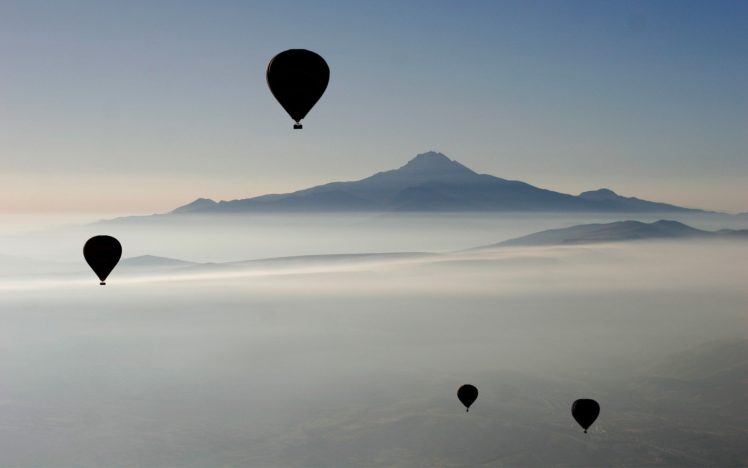mountains, Nature, Silhouettes, Mist, Hot, Air, Balloons HD Wallpaper Desktop Background