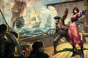 fantasy, Action, Adventure, Pirate, Weapons, Sword, Women, Men, Ships, Ocean, Art