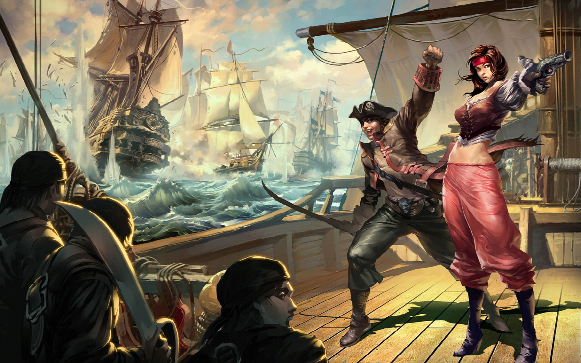 fantasy, Action, Adventure, Pirate, Weapons, Sword, Women, Men, Ships, Ocean, Art Wallpaper