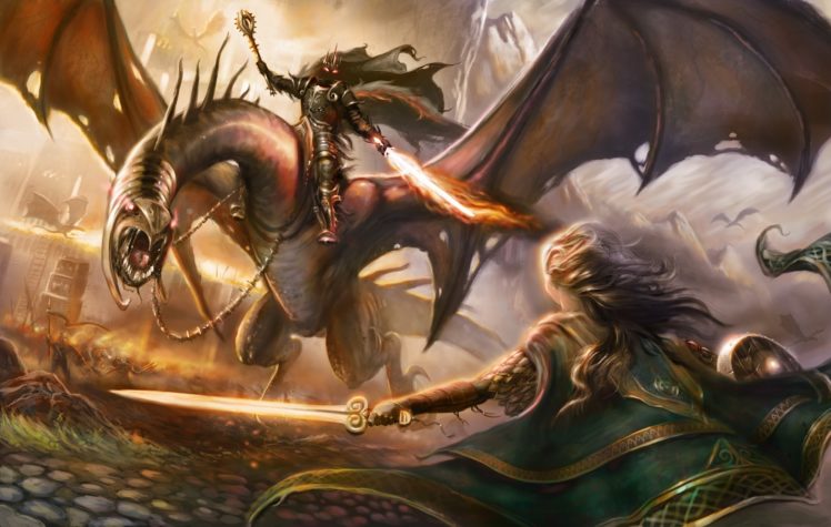 fantasy, Dragon, Women, Art, Warrior, Demon, Weapons HD Wallpaper Desktop Background