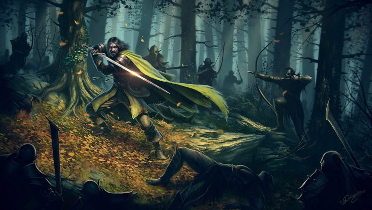 battles, Warriors, Archers, Forests, Swords, Fantasy, Weapons, Trees, Art, Knight HD Wallpaper Desktop Background