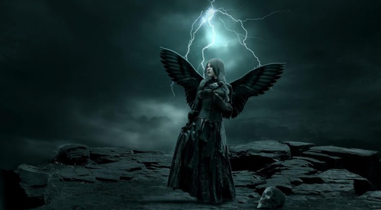 dark, Horror, Gothic, Angel, Women, Skull, Cg, Digital, Art, Lightning, Storm HD Wallpaper Desktop Background