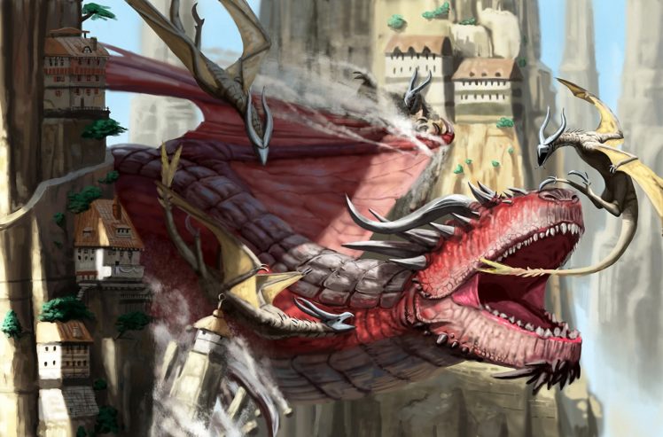 fantasy, Art, Dragon, Battle, Castle HD Wallpaper Desktop Background