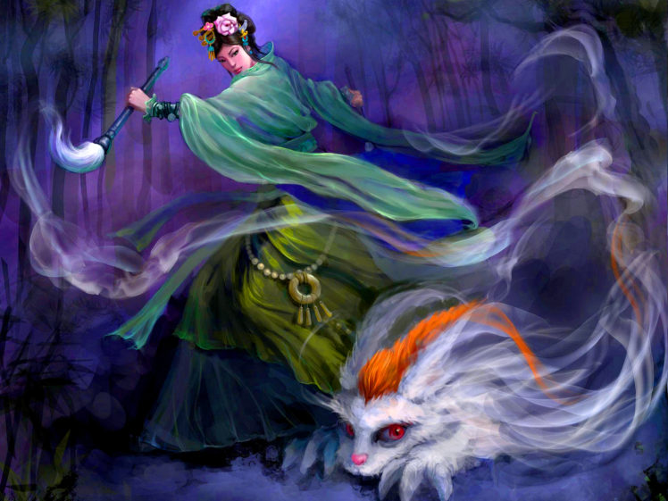 fantasy, Asian, Oriental, Magic, Monster, Creature, Women, Art, Trees, Forest HD Wallpaper Desktop Background
