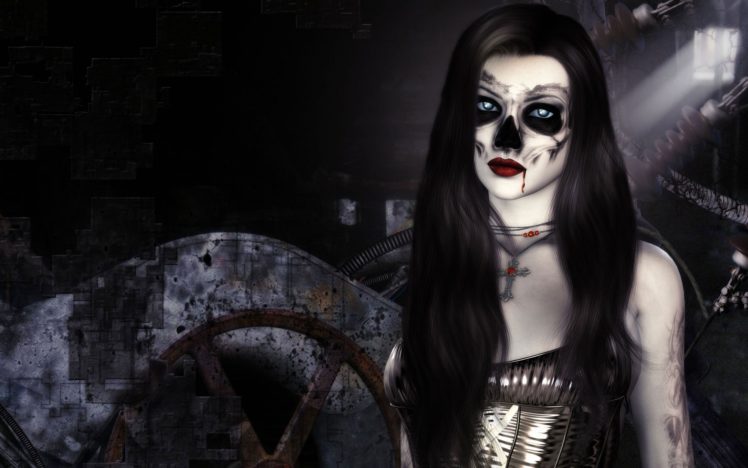 dark, Horror, Fantasy, Gothic, 3d, Cg, Digital, Art, Vampire, Evil, Women, Face, Skull, Brunette HD Wallpaper Desktop Background