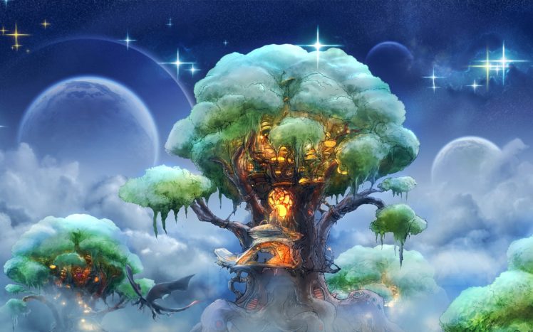 fantasy, Art, House, Landscapes, Trees, Sky, Stars, Clouds, Islands HD Wallpaper Desktop Background