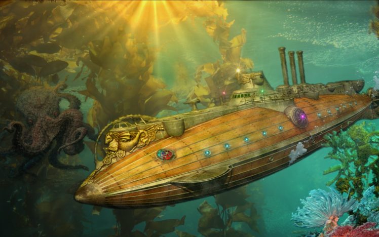 steampunk, Punk, Sci, Fi, Vehicles, Submarine, Ocean, Art, Fantasy, Underwater HD Wallpaper Desktop Background