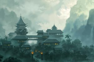 asian, Oriental, Fantasy, Art, Temple, Church, Cathedral, Architecture, Buildings, Landscapes, Mountains, Jungle, Clouds, Fog