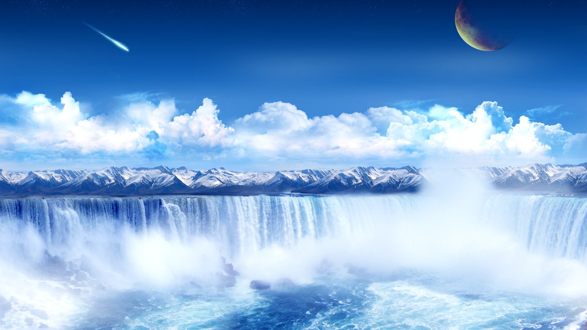 mountains, Moon, Mist, Waterfalls, Skyscapes Wallpaper