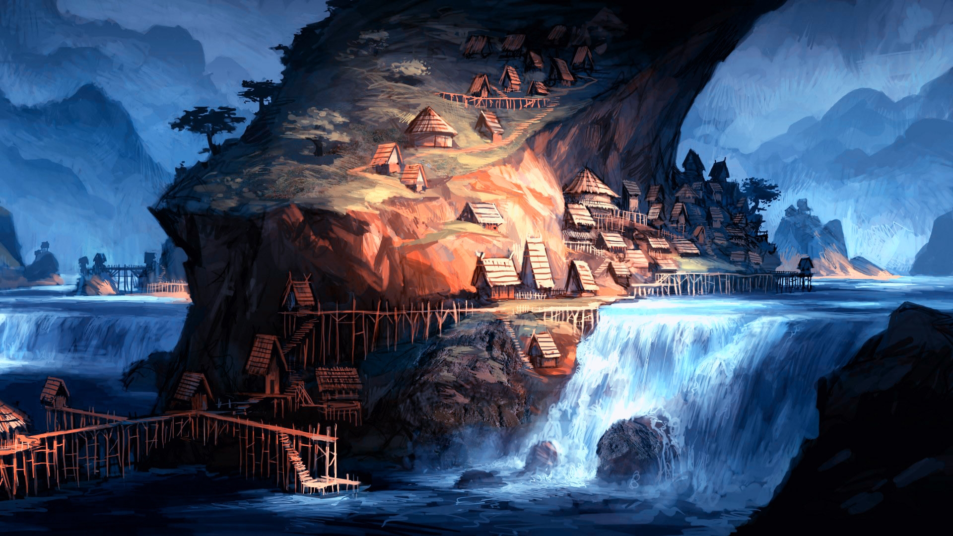 fantasy, Art, Landscapes, Waterfalls, Rivers, Islands, Town, Village, Houses, Architecture ...