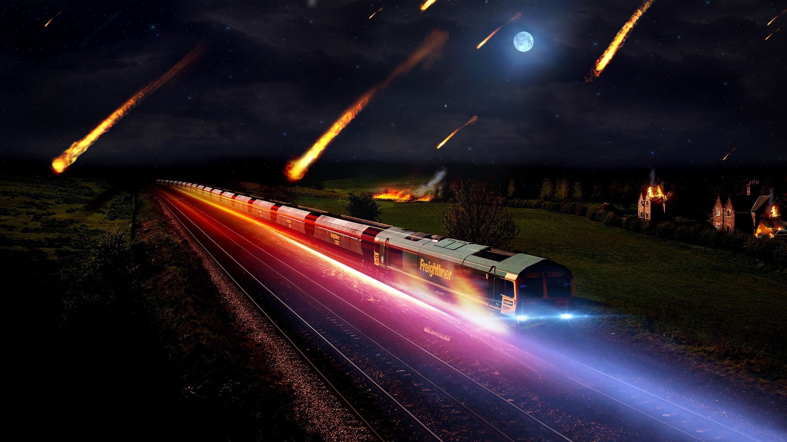 light, Nature, Night, Fire, Moon, Grass, Houses, Trains, Glowing, Asteroids, Meteorites Wallpaper