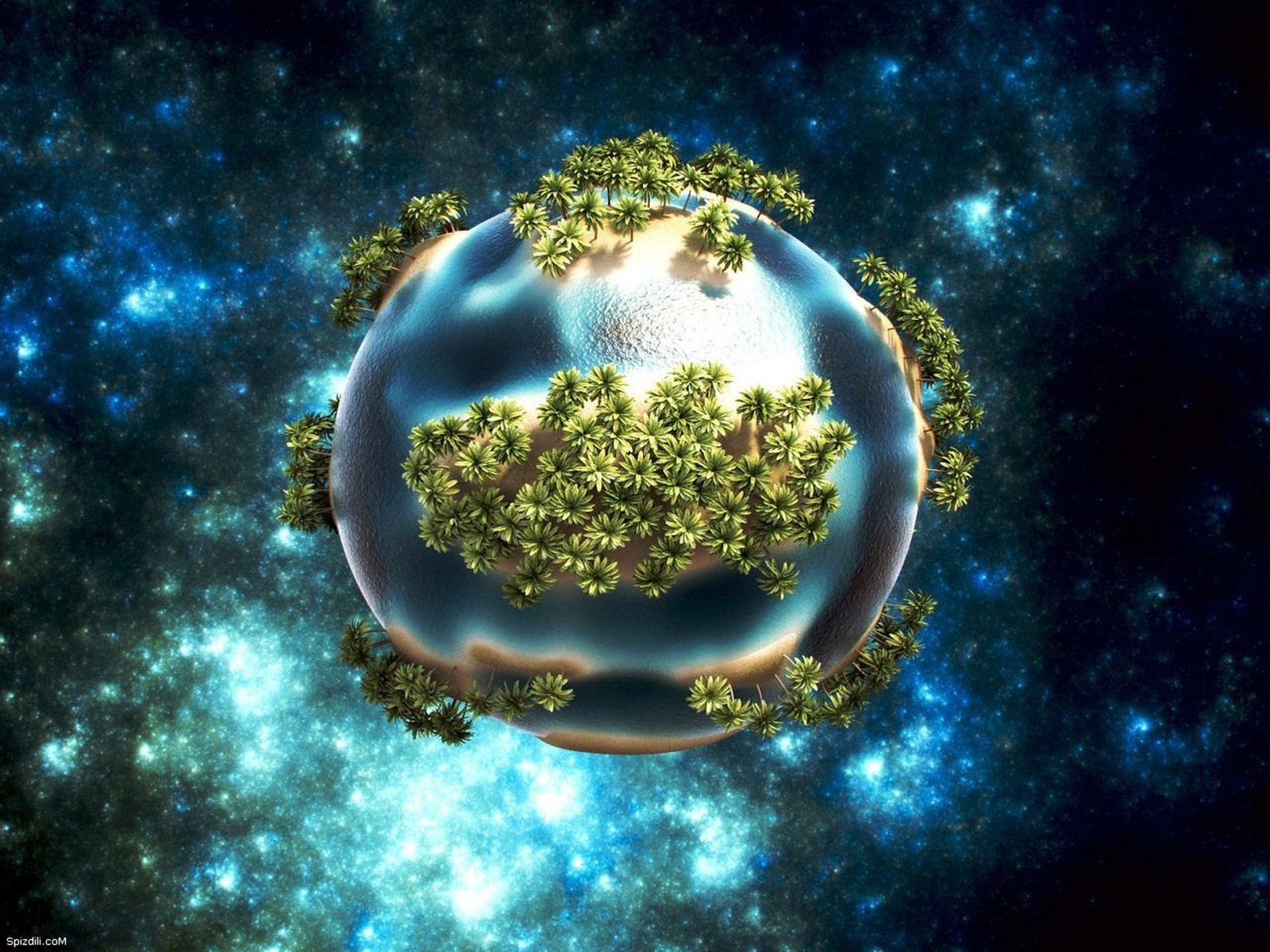 globes, Oasis, Digital, Art, Palm, Trees, Spheres Wallpaper