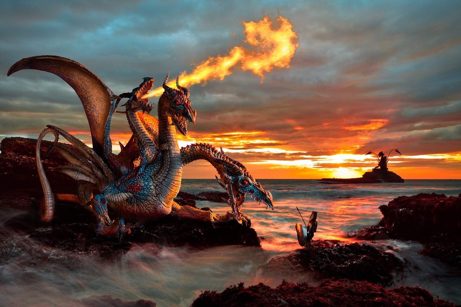 fantasy, Art, Dragons, Warrior, Knight, Landscapes, Fire, Ocean, Sea, Islands, Sunset, Sunrise, Sky, Clouds Wallpaper