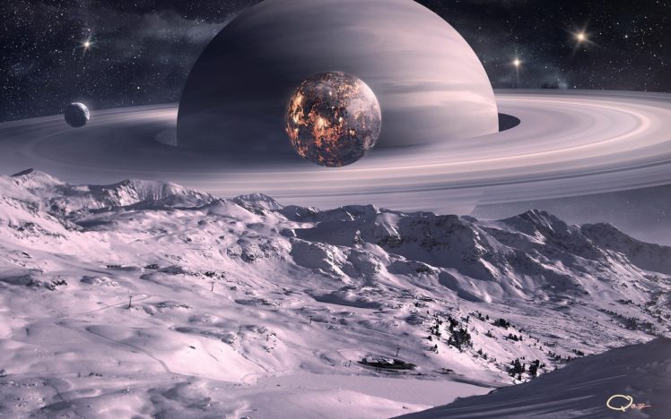 outer, Space, Planets, Moon, Saturn, Digital, Art, Science, Fiction, Qauz HD Wallpaper Desktop Background